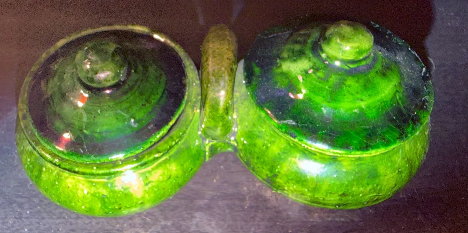 Vintage Green Glazed Double Jam Pot Condiment Jar Set 2