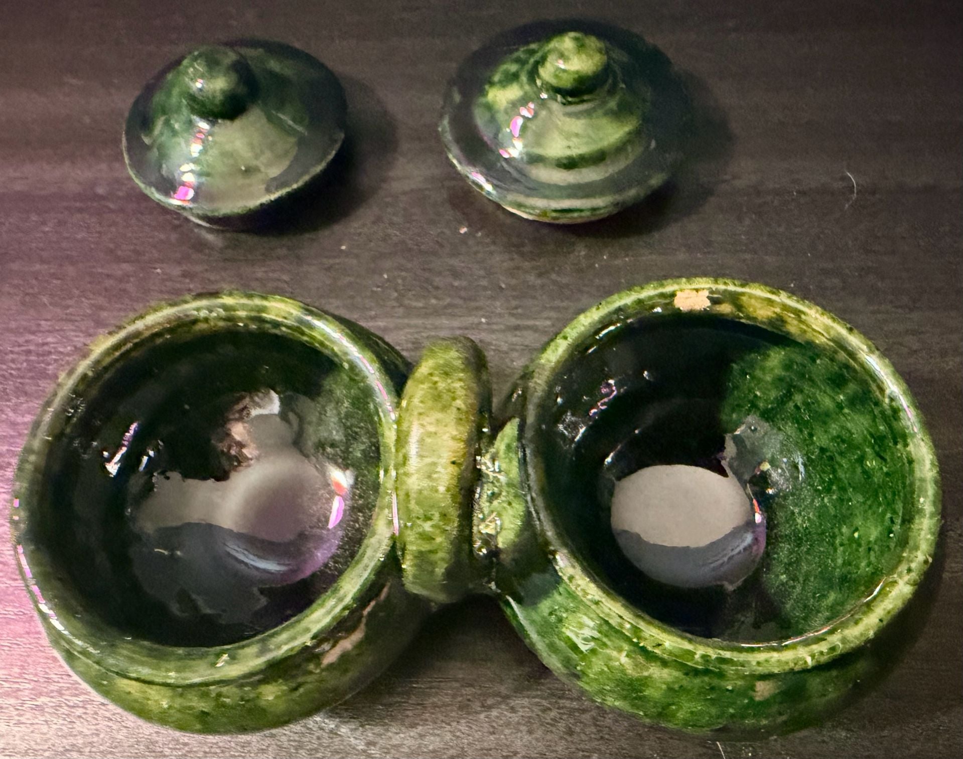 Vintage Green Glazed Double Jam Pot Condiment Jar Set 3