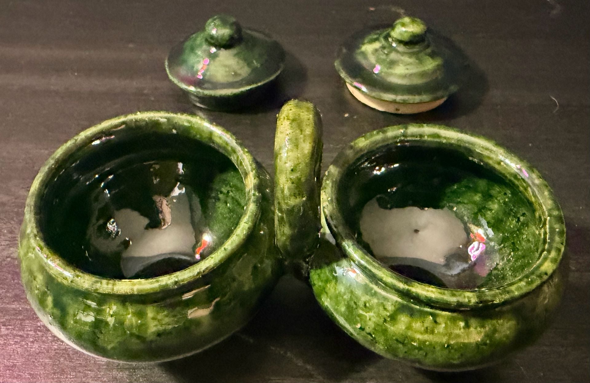 Vintage Green Glazed Double Jam Pot Condiment Jar Set 4