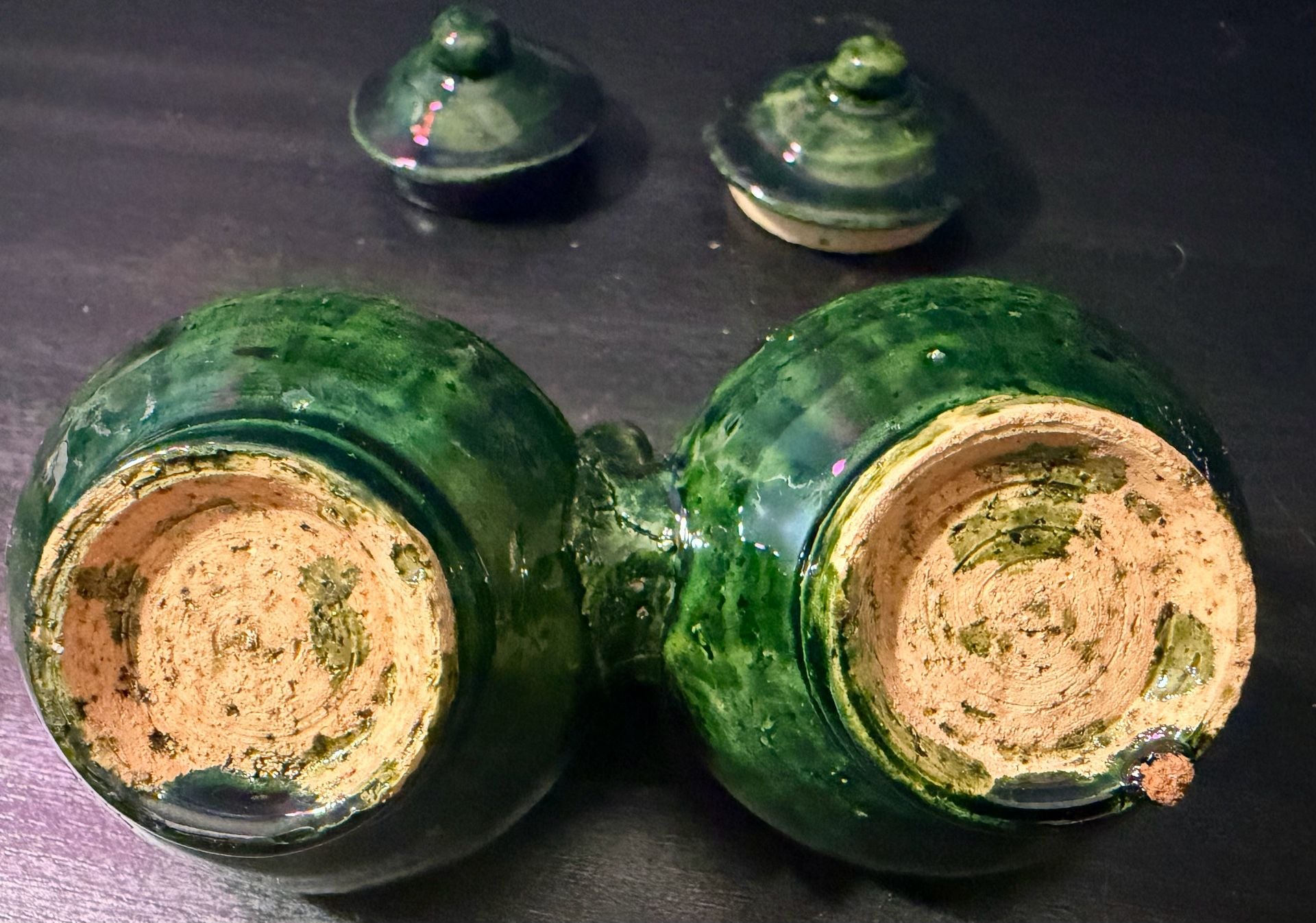 Vintage Green Glazed Double Jam Pot Condiment Jar Set 5