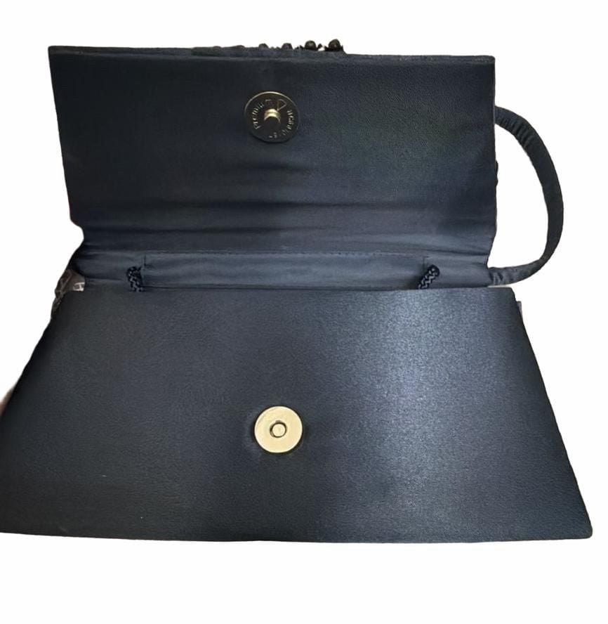 Jessica McClintock Satin Evening Bag Navy Blue Rhinestone Clutch Strap 4