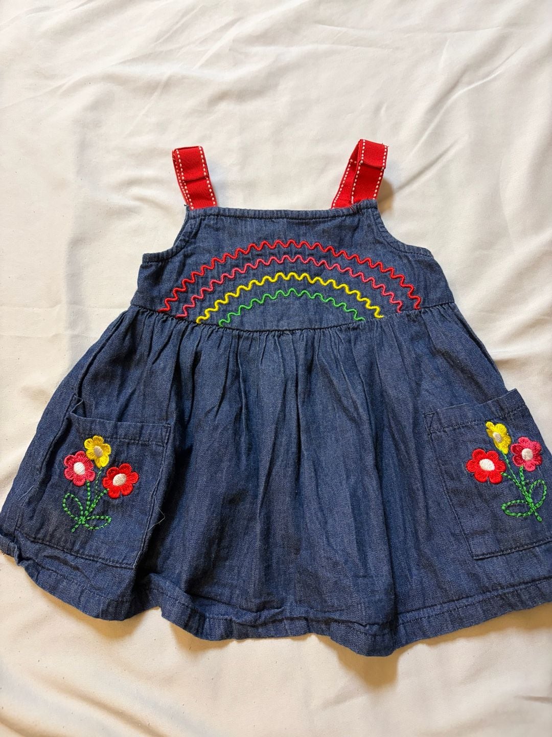 Kids Headquarters Denim Rainbow Dress Size 24M Embroidered Flowers 2