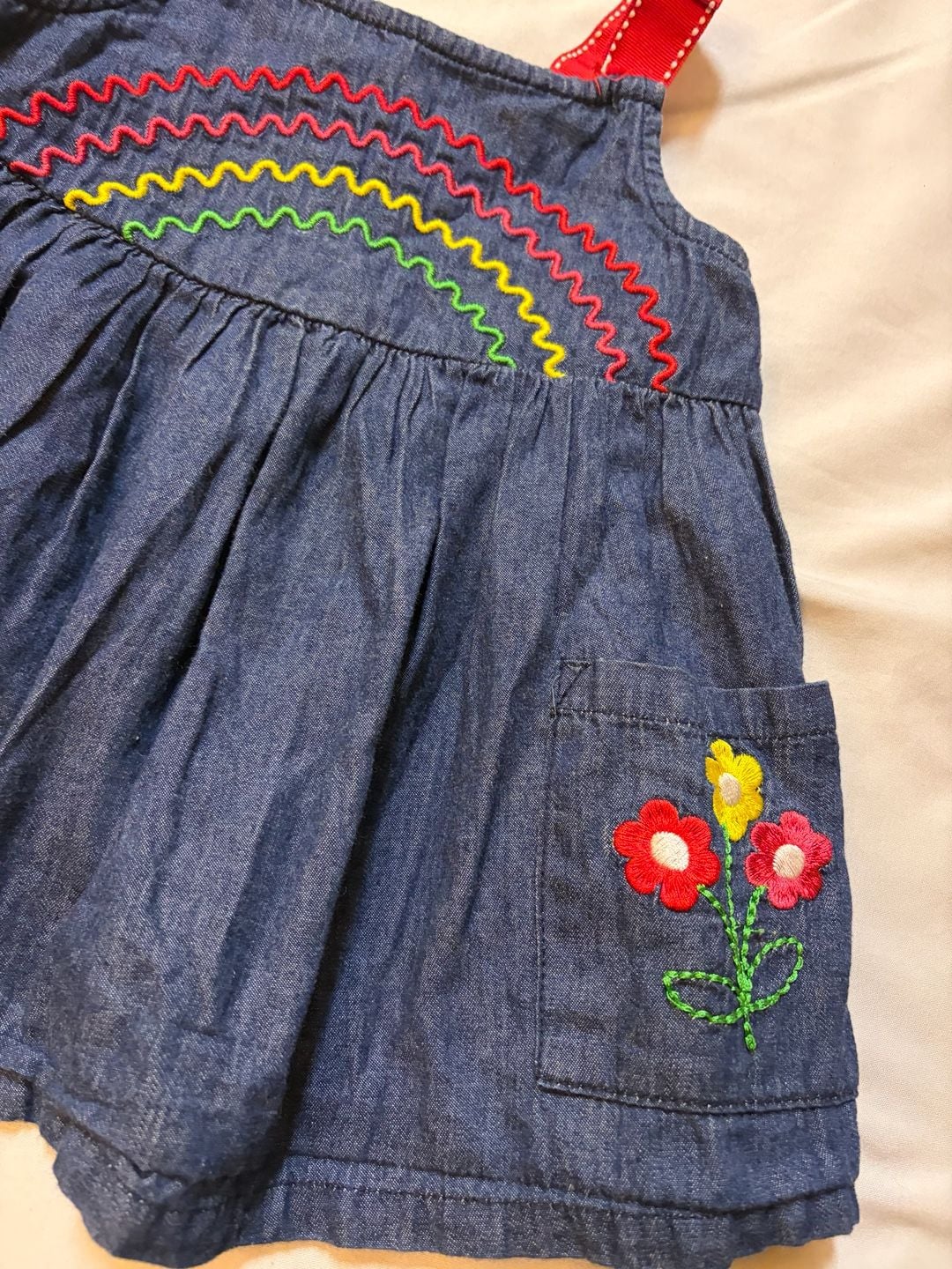 Kids Headquarters Denim Rainbow Dress Size 24M Embroidered Flowers 3