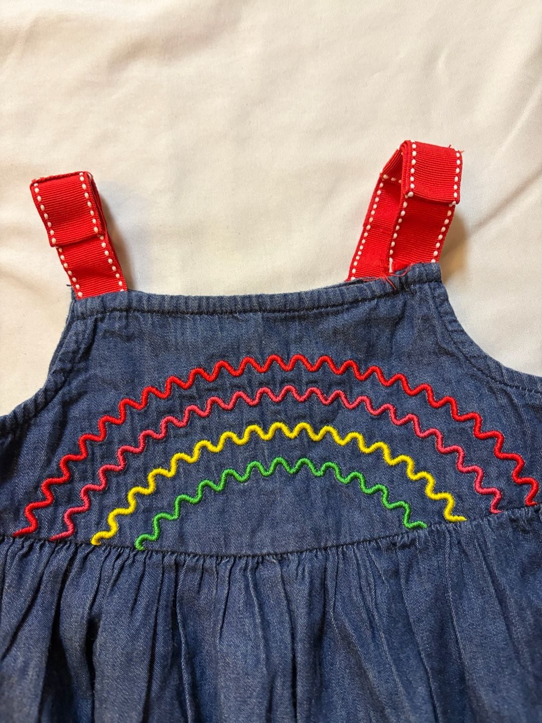 Kids Headquarters Denim Rainbow Dress Size 24M Embroidered Flowers 4