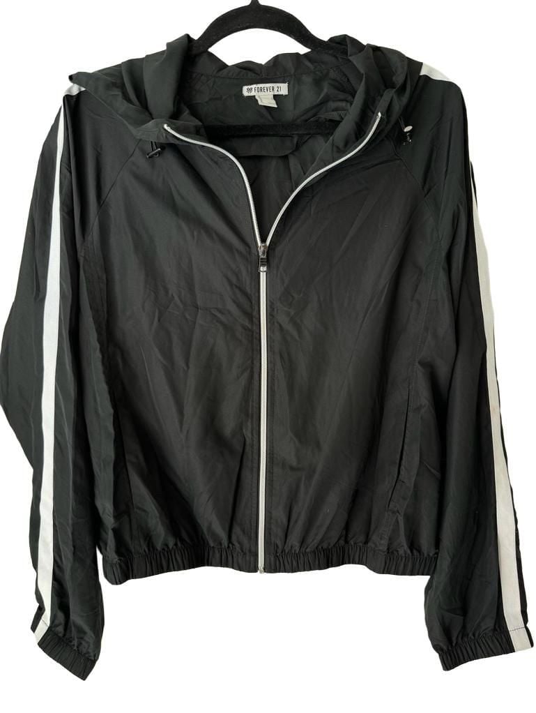 Forever 21 Windbreaker Jacket Size L Black White Stripe 2