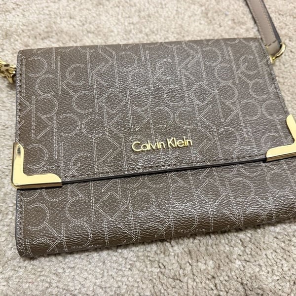Calvin Klein Signature Logo Chain Crossbody Bag Brown