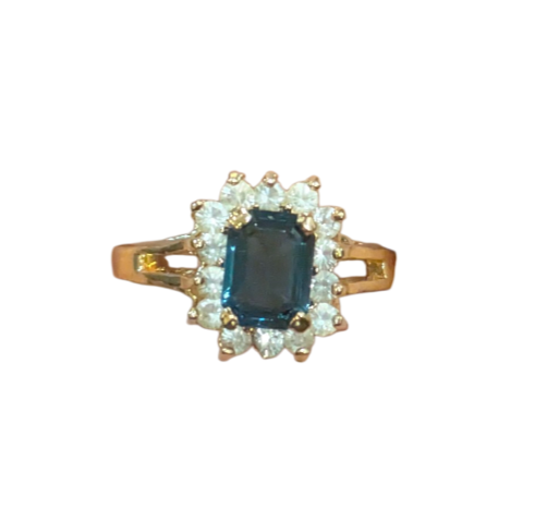 Vintage Simulated Sapphire Halo Ring Size 8 Gold Electroplate 2