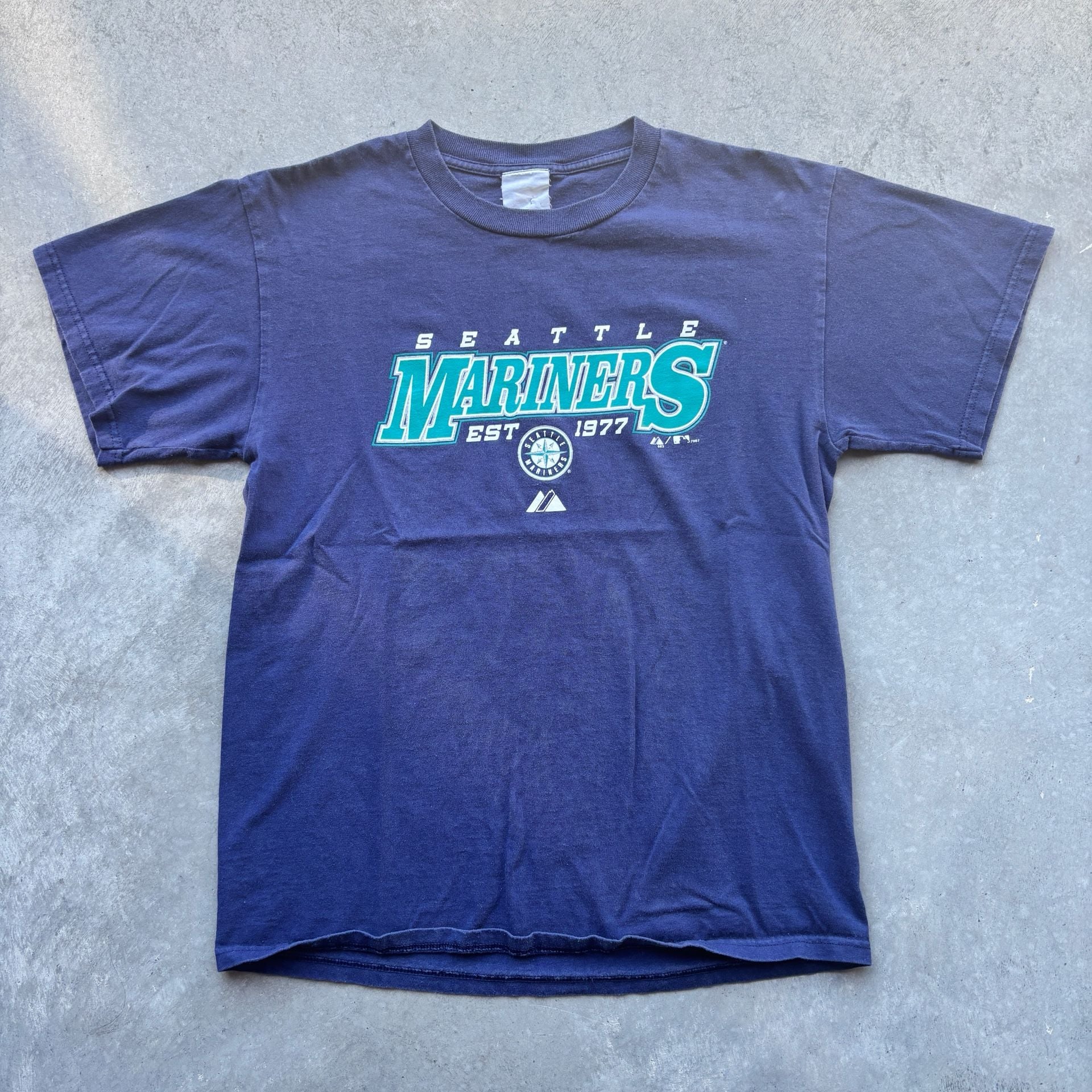 2007 Vintage Seattle Mariners Spellout Majestic T-Shirt Blue MLB Size M 2