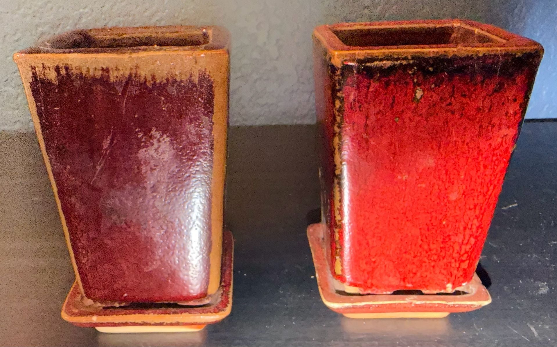 Page Studio Art Pottery Square Planter Pots With Trays Red Drip Glaze Set of 2 1