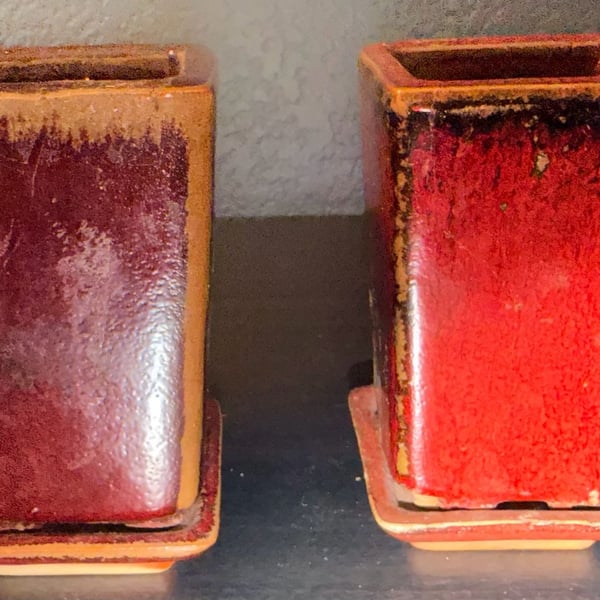 Page Studio Art Pottery Square Planter Pots With Trays Red Drip Glaze Set of 2