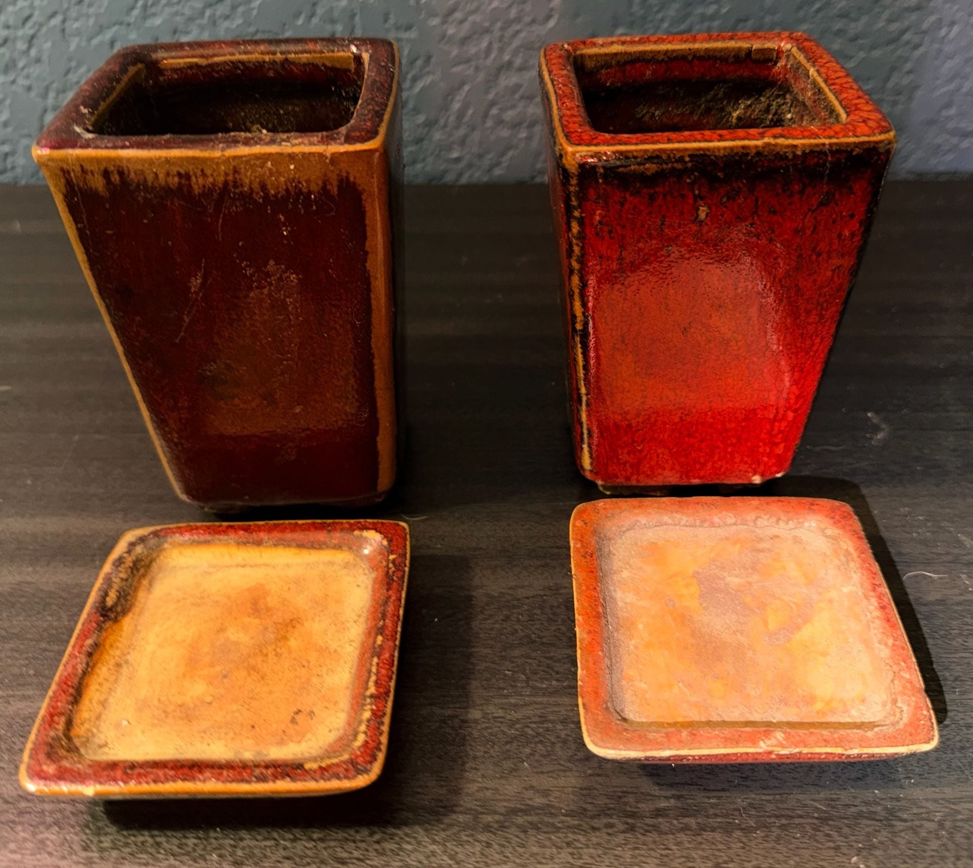 Page Studio Art Pottery Square Planter Pots With Trays Red Drip Glaze Set of 2 2