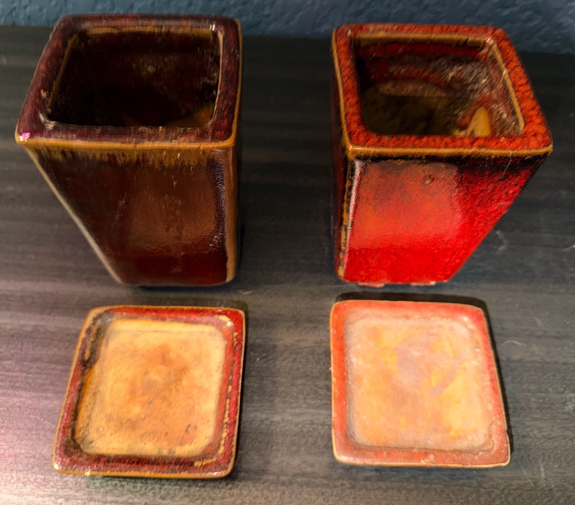 Page Studio Art Pottery Square Planter Pots With Trays Red Drip Glaze Set of 2 3