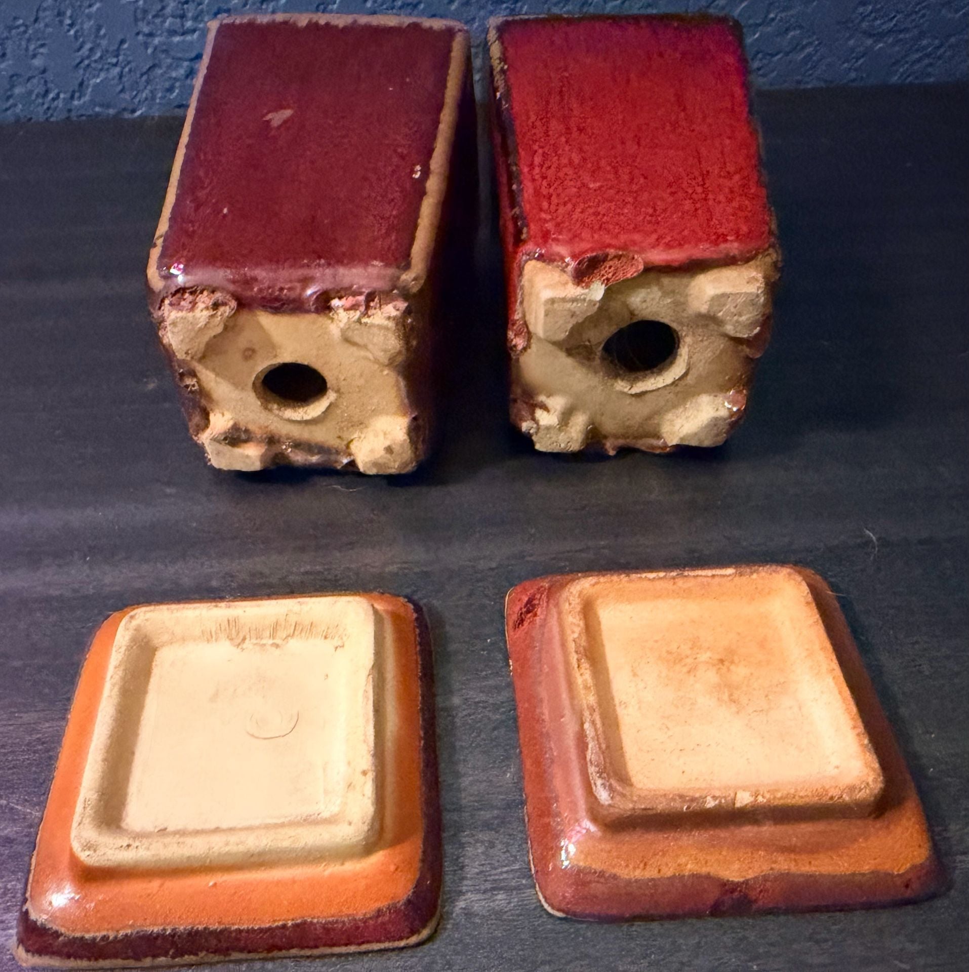 Page Studio Art Pottery Square Planter Pots With Trays Red Drip Glaze Set of 2 7