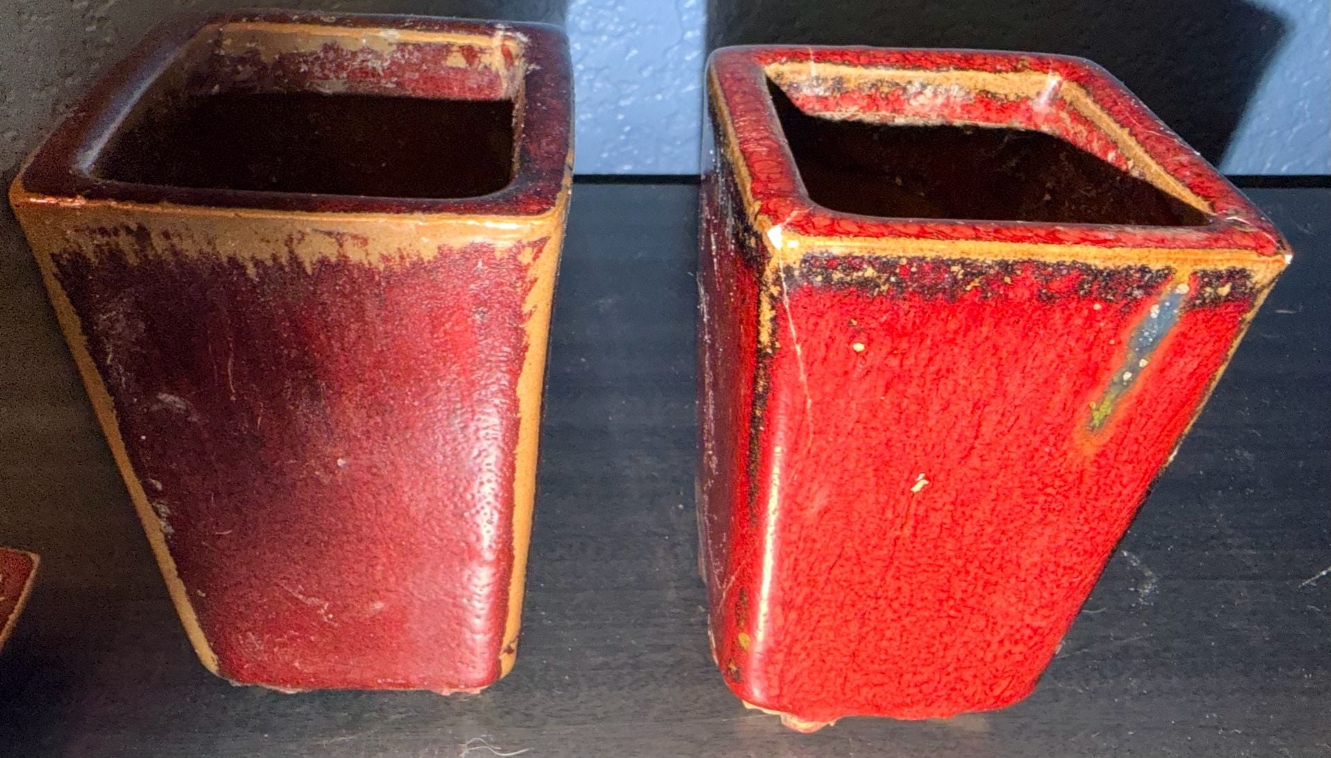 Page Studio Art Pottery Square Planter Pots With Trays Red Drip Glaze Set of 2 11