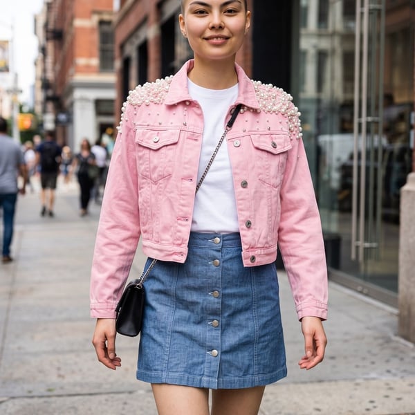 Pink Denim Jacket Rhinestone Pearls