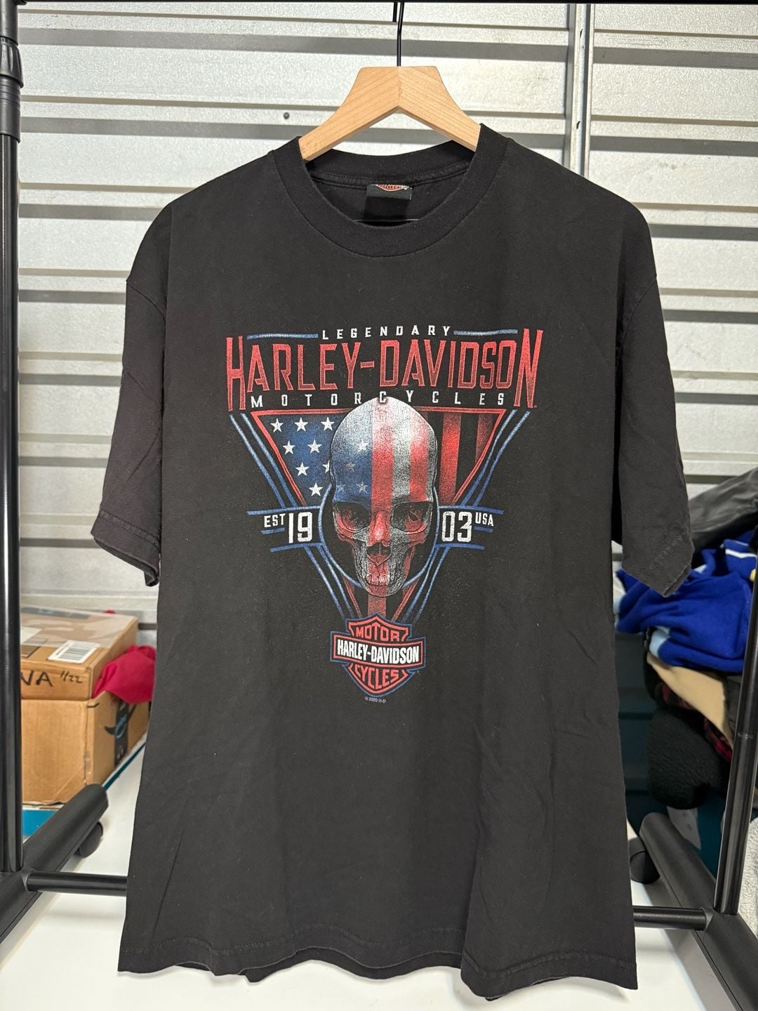 Harley Davidson T-Shirt XL Black Skull American Flag Lisle IL 2