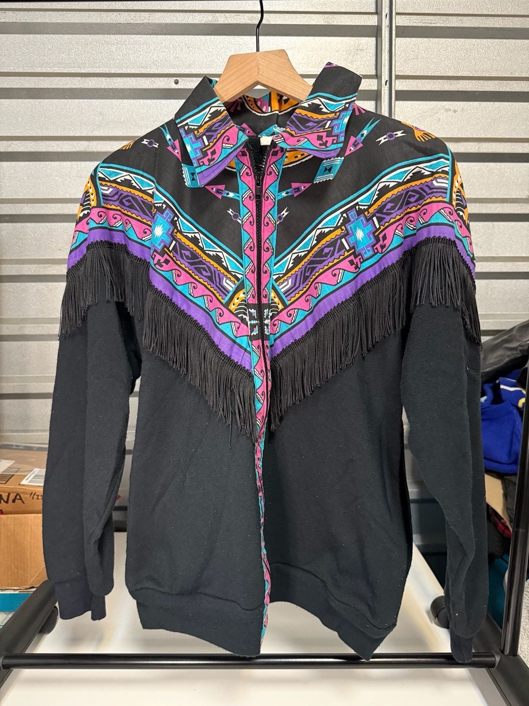 Wamcraft Vintage Southwestern Aztec Print Fringe Zip Up Jacket 2