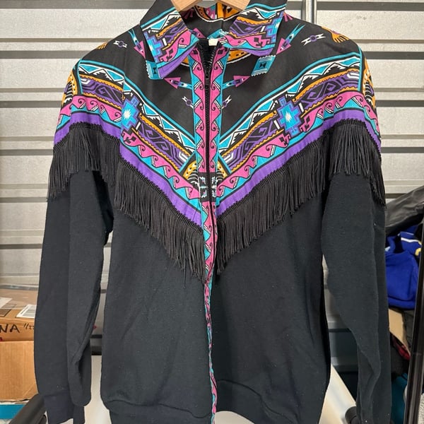 Wamcraft Vintage Southwestern Aztec Print Fringe Zip Up Jacket