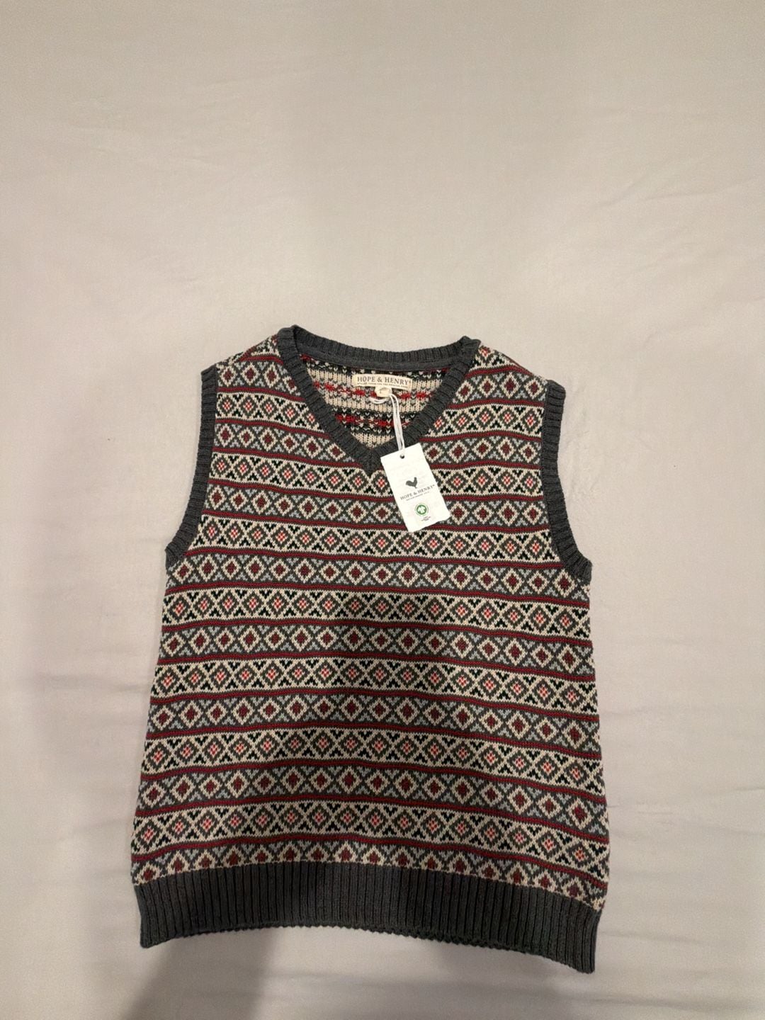 Hope & Henry Organic V-Neck Intarsia Sweater Vest Size L Merry Stripe 2