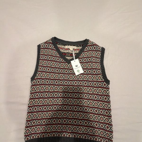 Hope & Henry Organic V-Neck Intarsia Sweater Vest Size L Merry Stripe