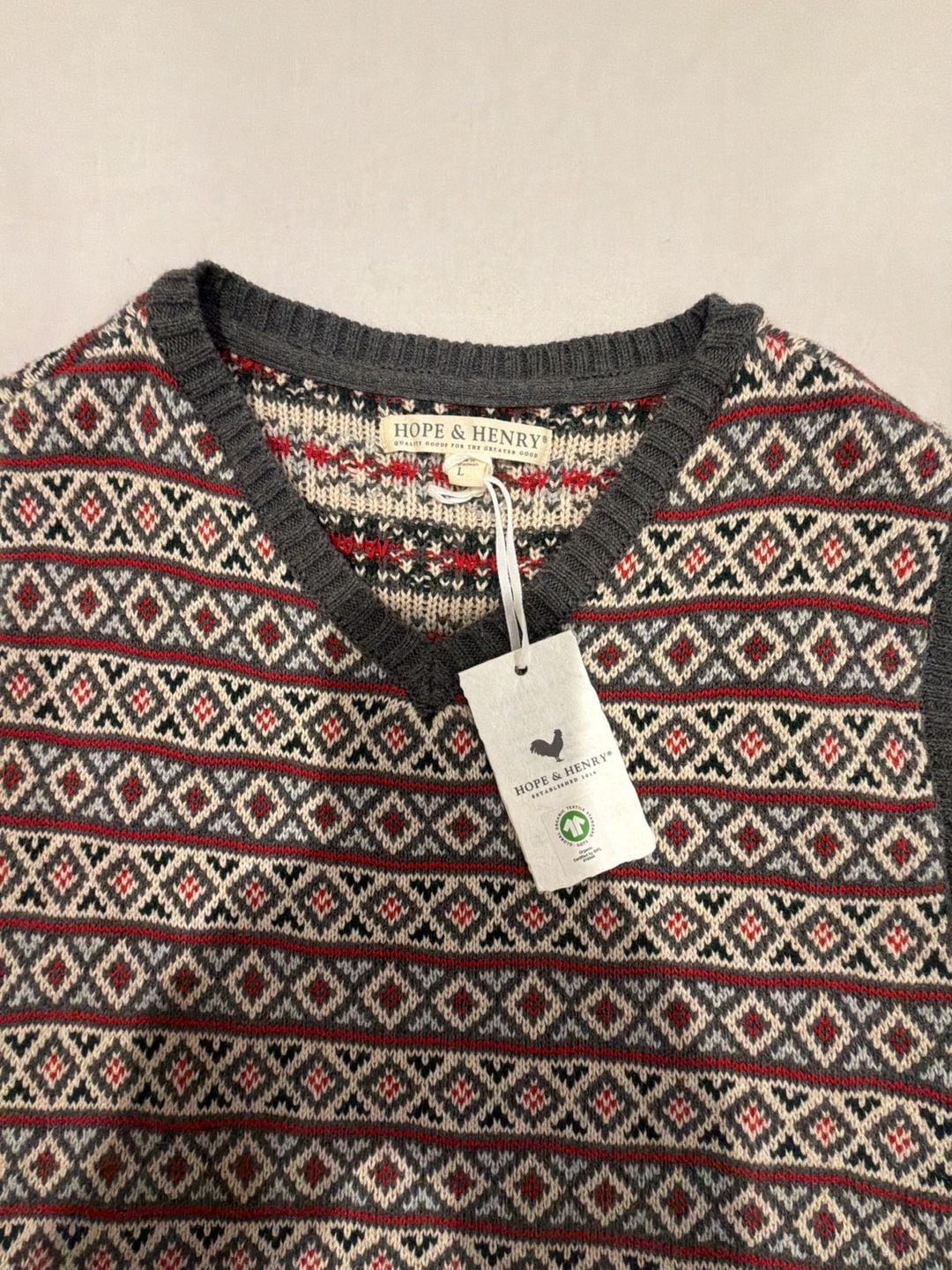 Hope & Henry Organic V-Neck Intarsia Sweater Vest Size L Merry Stripe 3