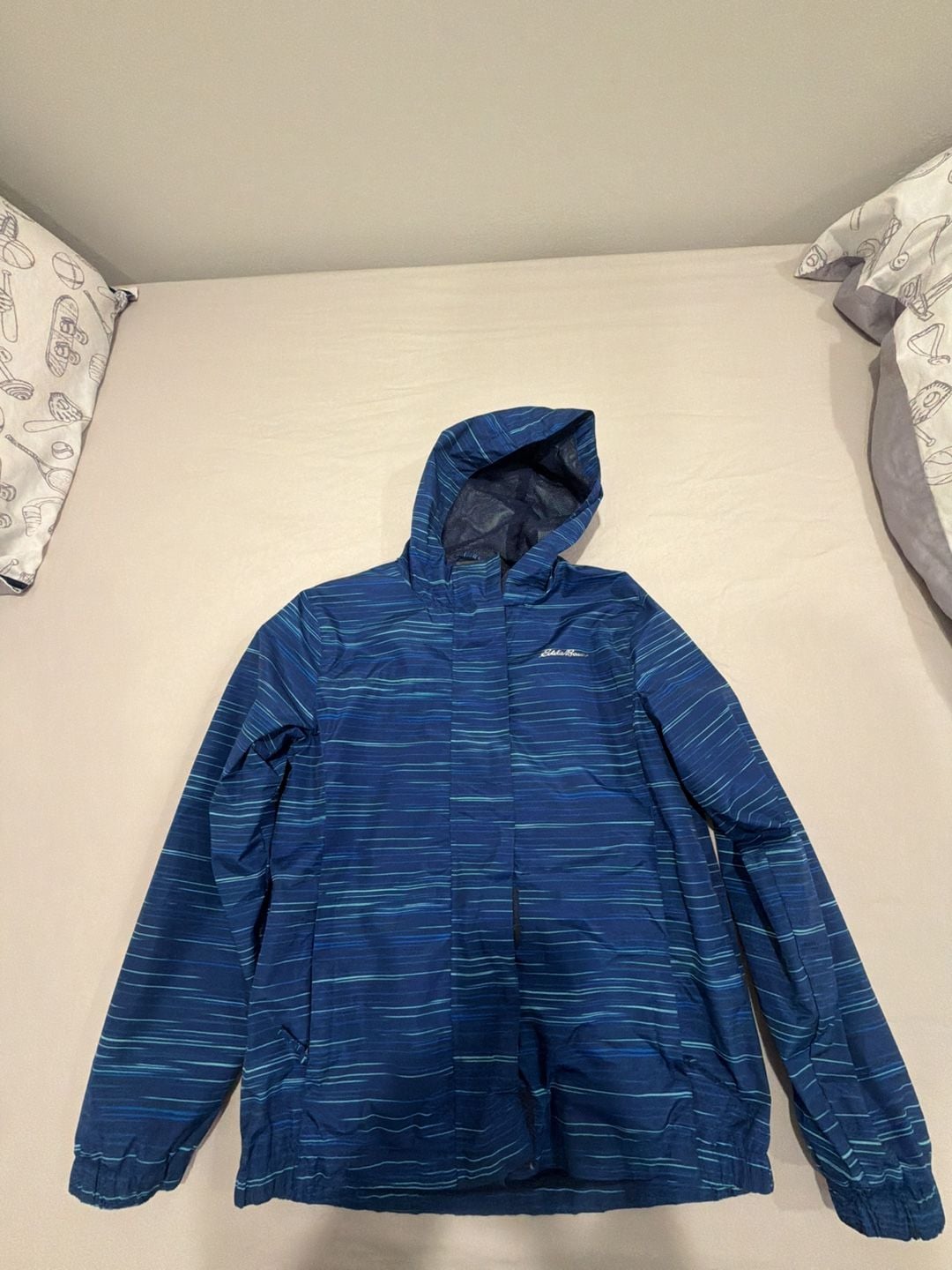 Eddie Bauer Rainfoil Jacket Size M (10/12) Blue Striped Hooded Windbreaker 2