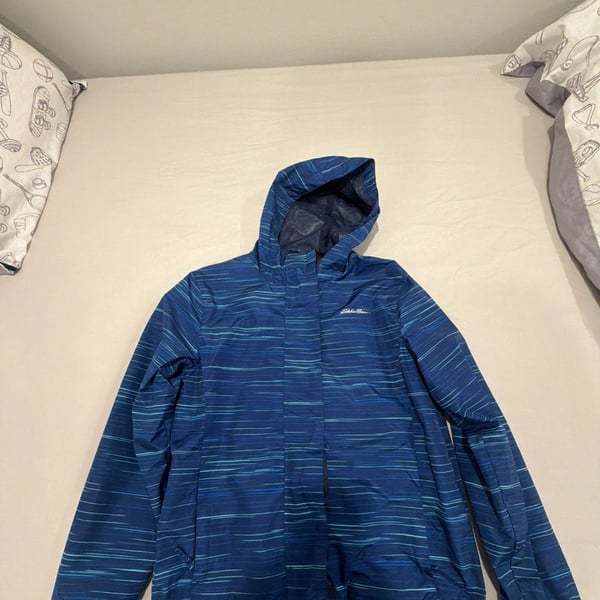 Eddie Bauer Rainfoil Jacket Size M (10/12) Blue Striped Hooded Windbreaker