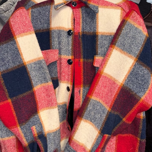 Vintage Woolrich Wool Plaid Shirt Jacket Shacket Red Blue Cream Size L