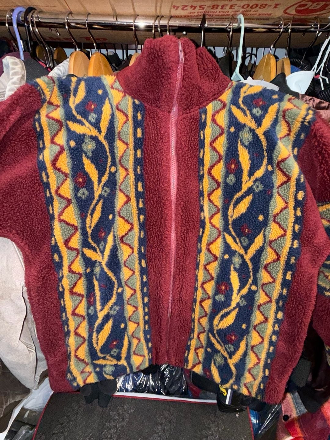 Vintage 90s USA Made Aztec Geometric Fleece Jacket Full Zip Burgundy Mens 2