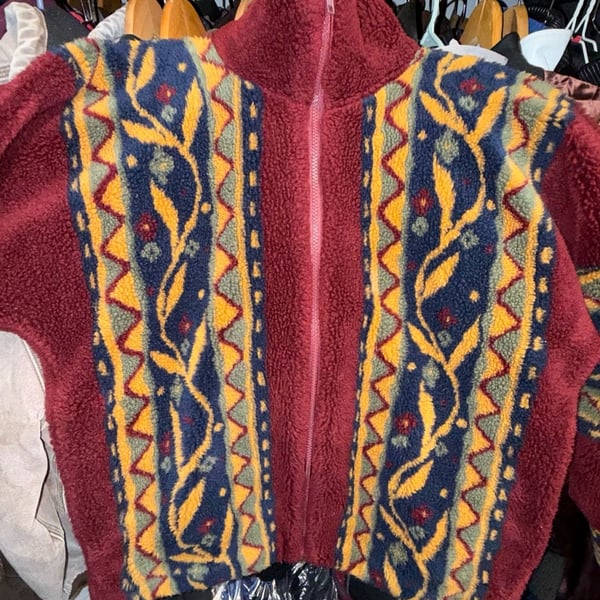 Vintage 90s USA Made Aztec Geometric Fleece Jacket Full Zip Burgundy Mens