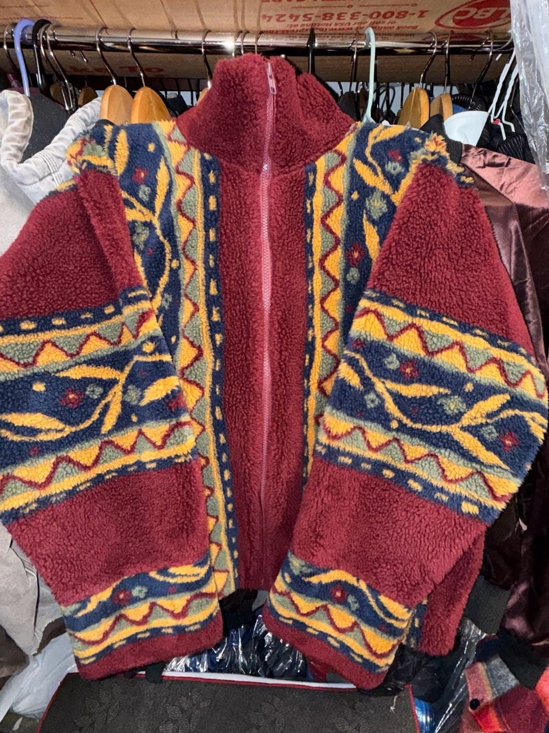 Vintage 90s USA Made Aztec Geometric Fleece Jacket Full Zip Burgundy Mens 3
