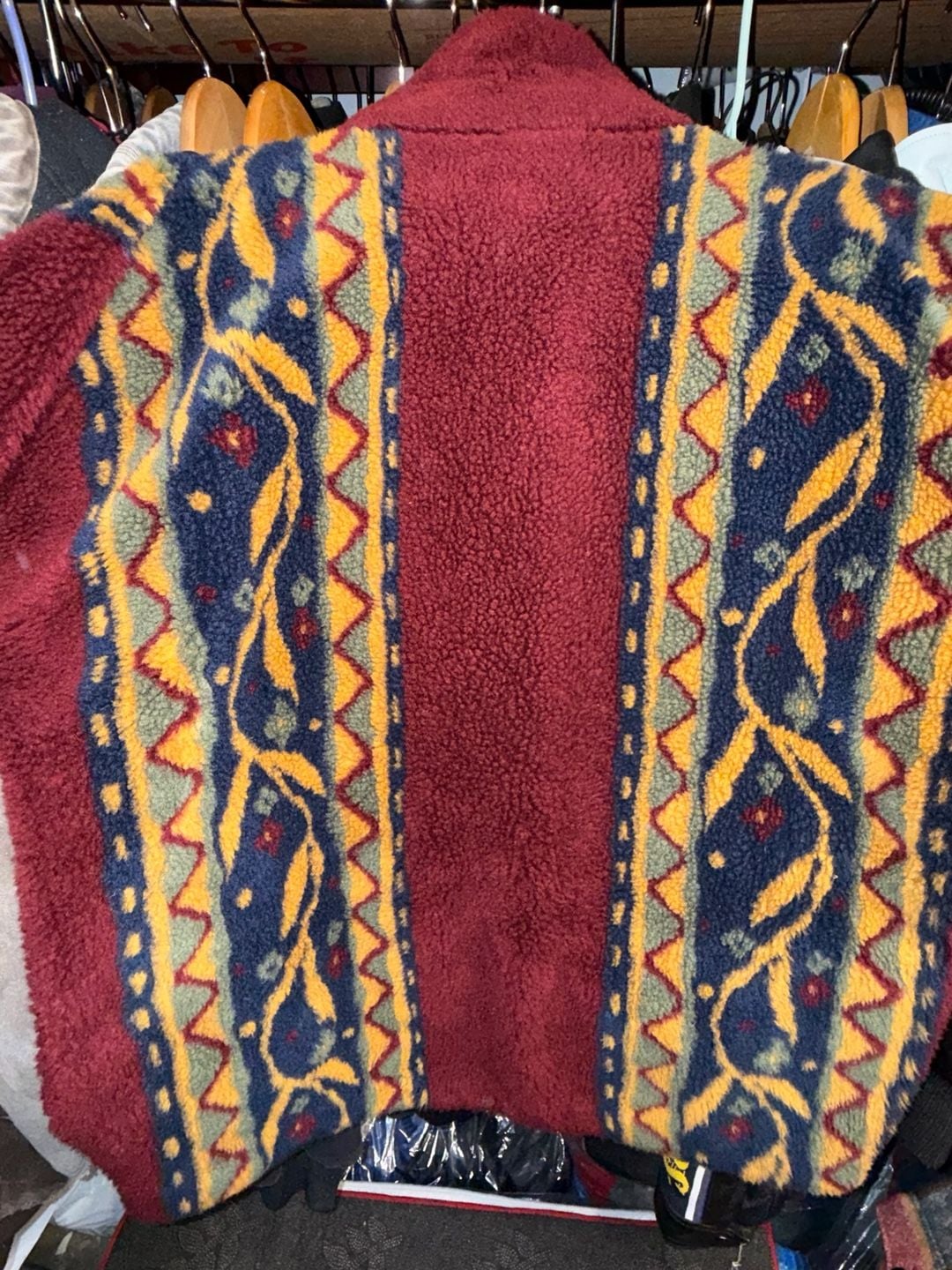 Vintage 90s USA Made Aztec Geometric Fleece Jacket Full Zip Burgundy Mens 4