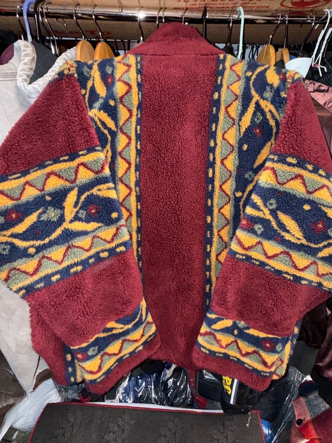 Vintage 90s USA Made Aztec Geometric Fleece Jacket Full Zip Burgundy Mens 5
