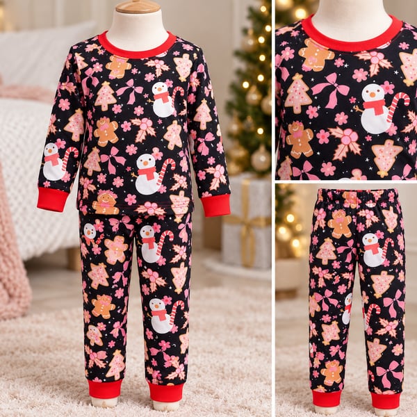 SHEIN Christmas Pajama Set Black Gingerbread Snowman Loungewear