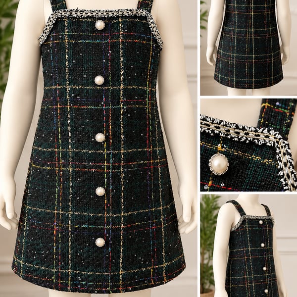 PrepCrw Tween Girls Plaid Jumper Dress Pearl Button Tweed Outfit