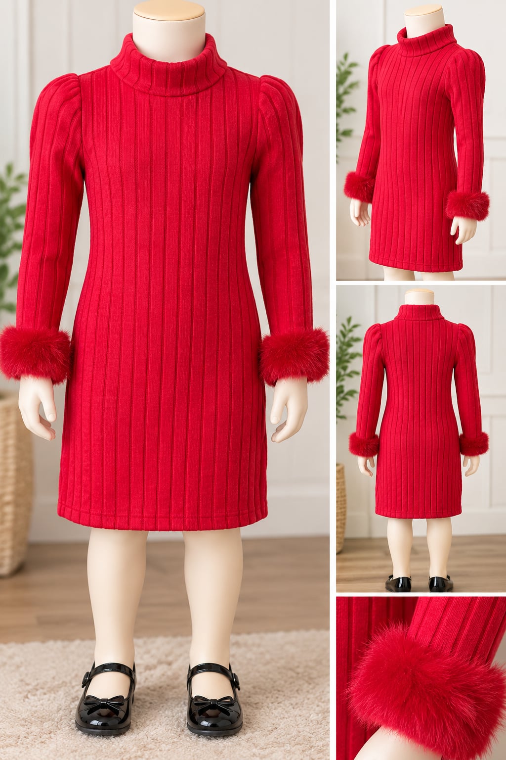 SHEIN Girls Red Ribbed Turtleneck Dress with Faux Fur Cuffs 2