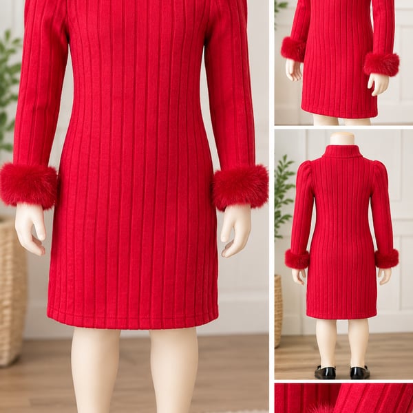 SHEIN Girls Red Ribbed Turtleneck Dress with Faux Fur Cuffs