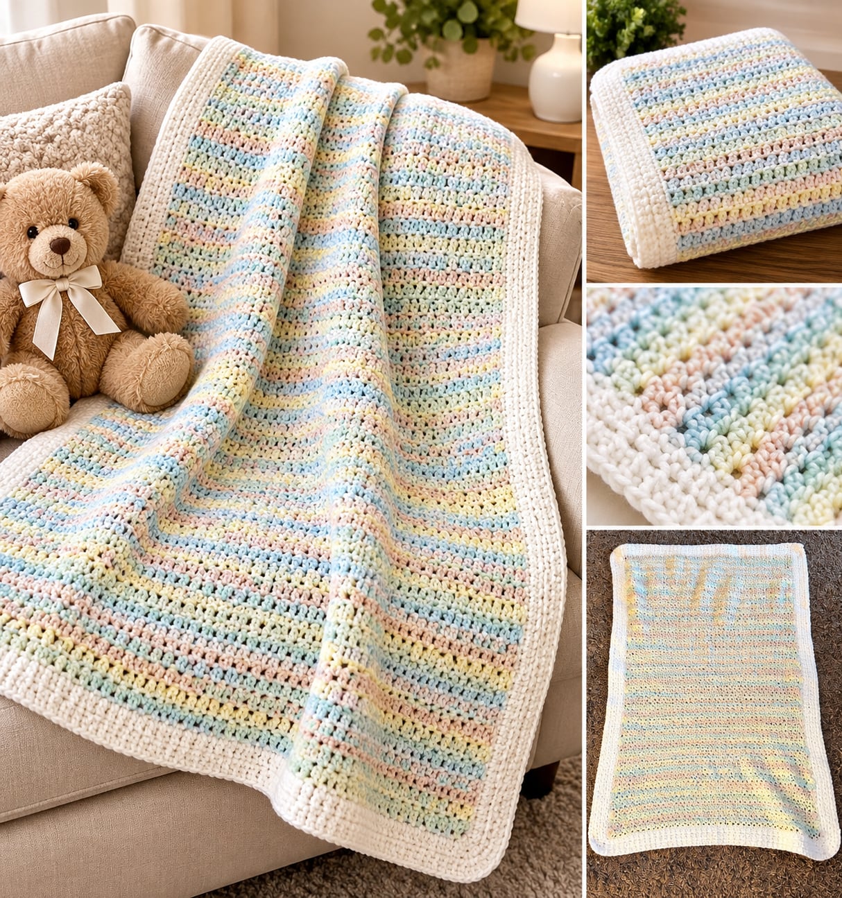 Handmade Crochet Baby Blanket Pastel Multicolor Cream Border 1