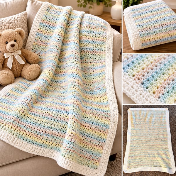 Handmade Crochet Baby Blanket Pastel Multicolor Cream Border