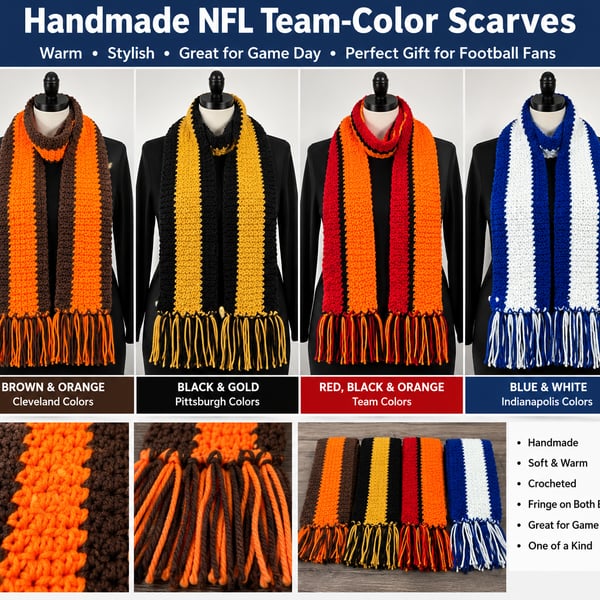 Handmade NFL Team-Color Crochet Scarf Fringe Winter