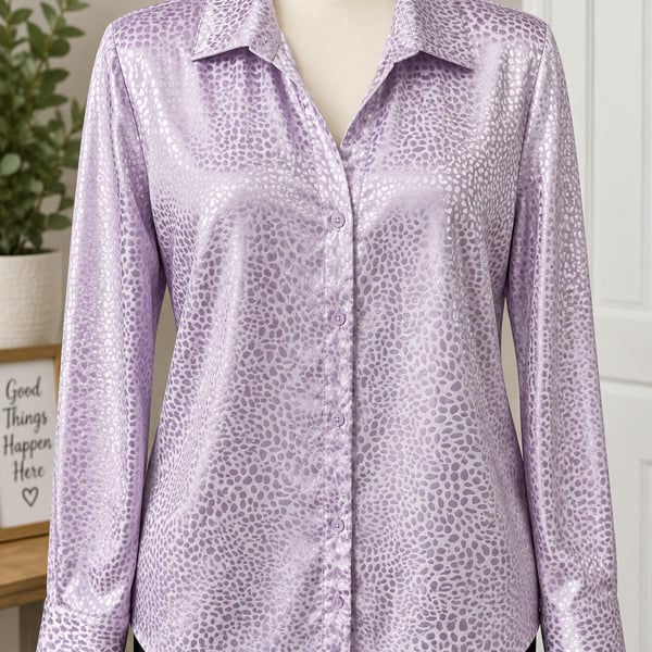 SHEIN Clasi Leopard Jacquard Satin Blouse Light Purple Long Sleeve Top