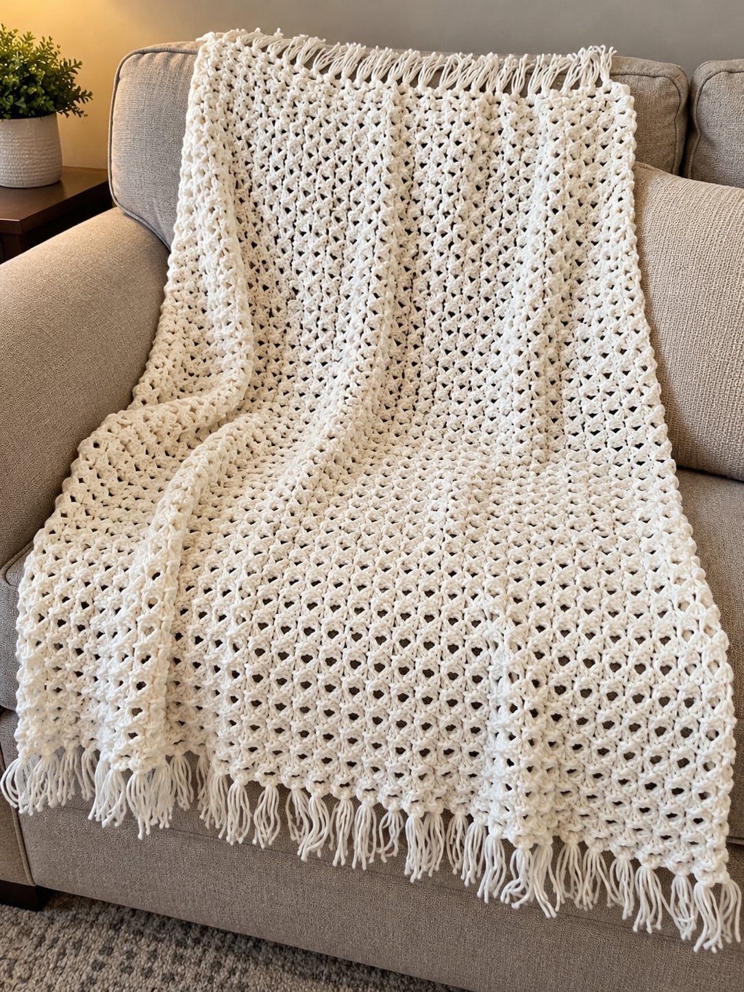 Handmade Crochet Throw Blanket Off White Fringe 1