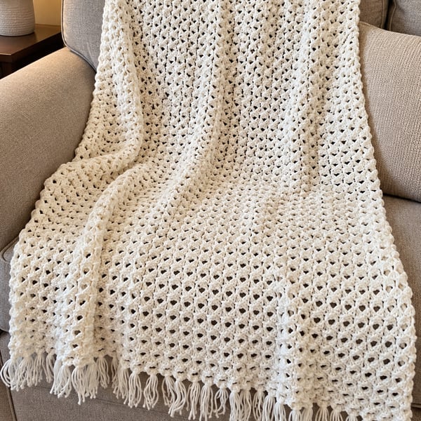 Handmade Crochet Throw Blanket Off White Fringe