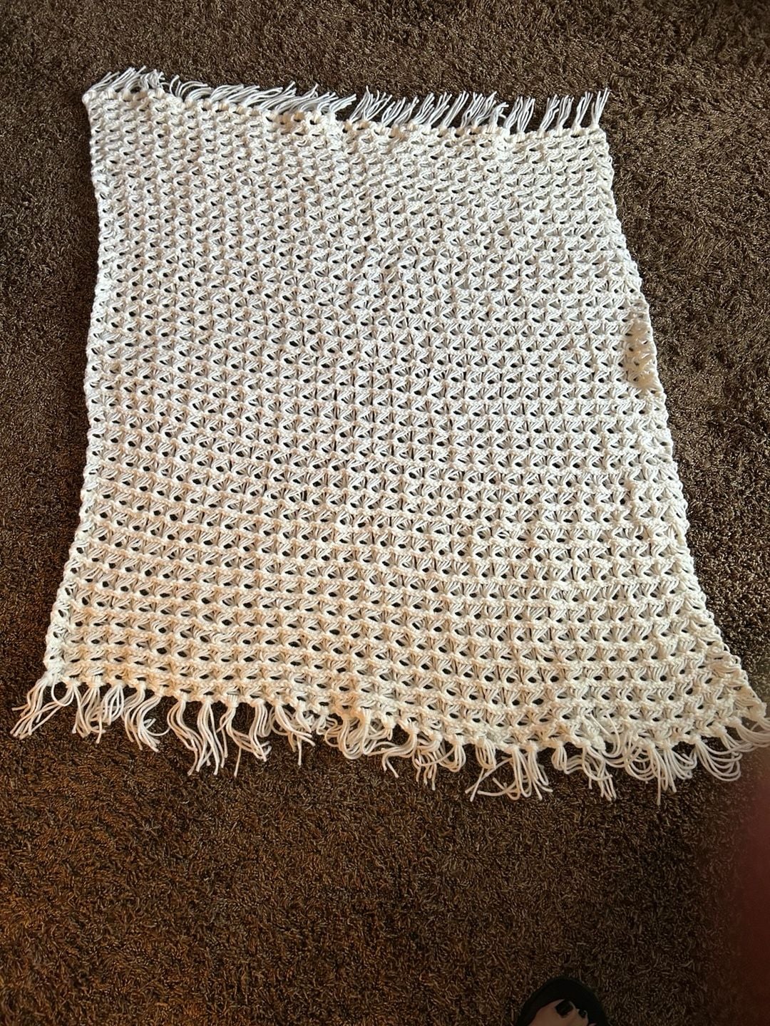 Handmade Crochet Throw Blanket Off White Fringe 2