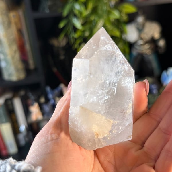 Natural Clear Quartz Crystal Tower Point with Yellow Mineral Inclusion