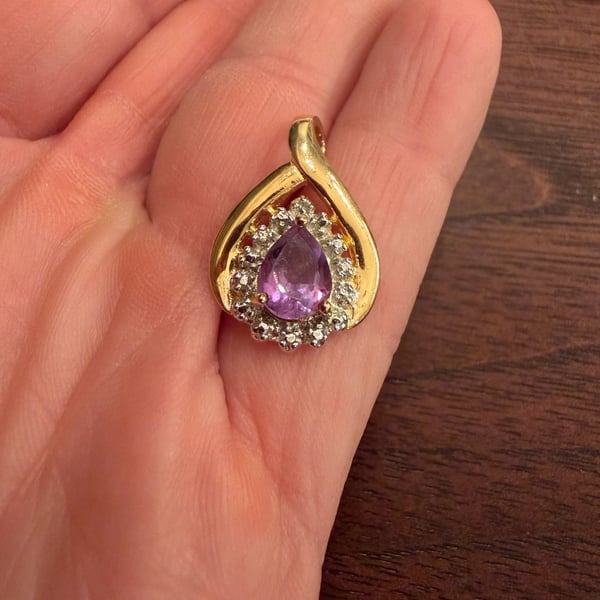 Amethyst and Zircon Pear Shaped Pendant in Gold Over Sterling Silver