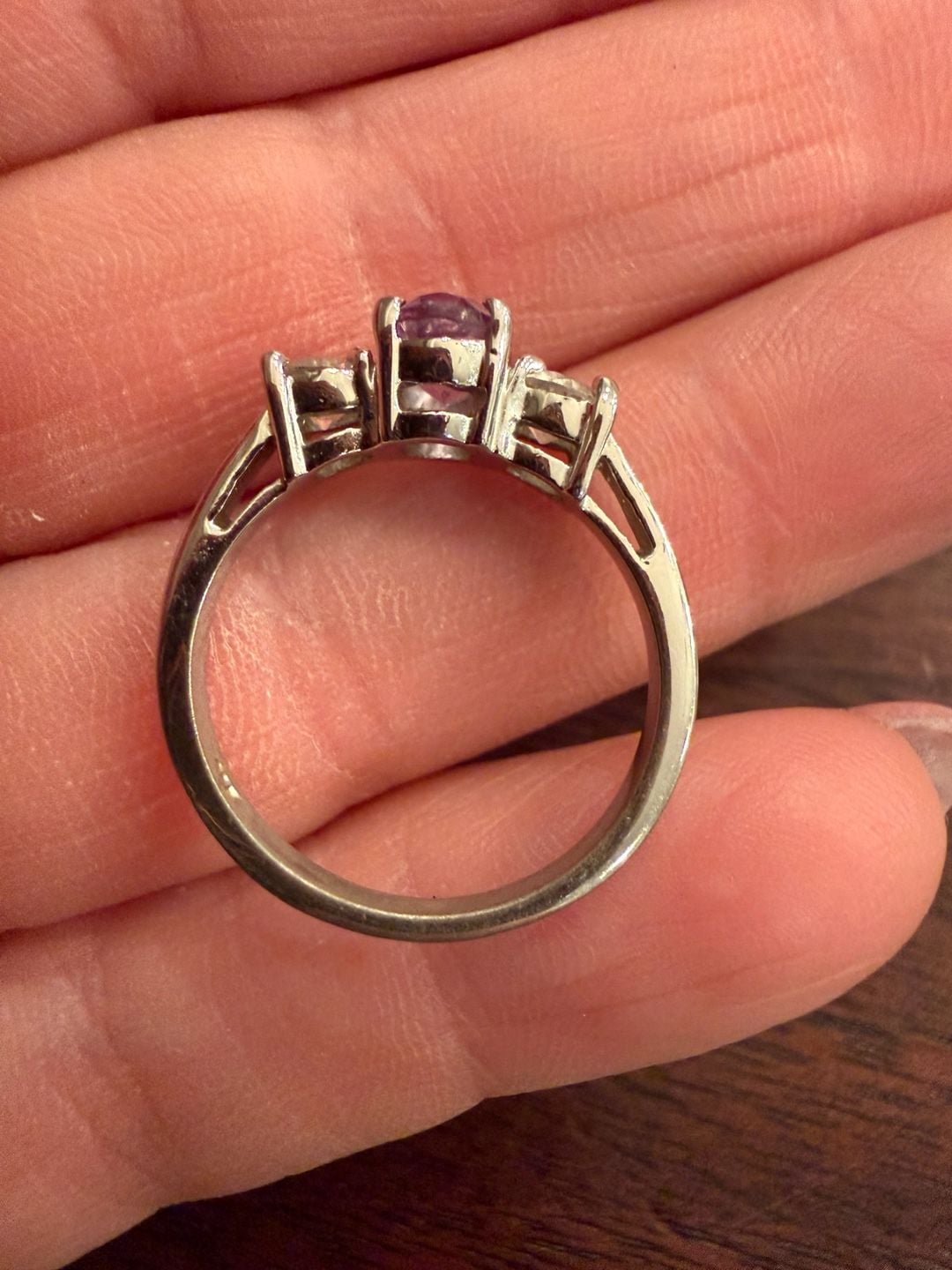 Sterling Silver Pink Amethyst And White CZ Three Stone Ring 3