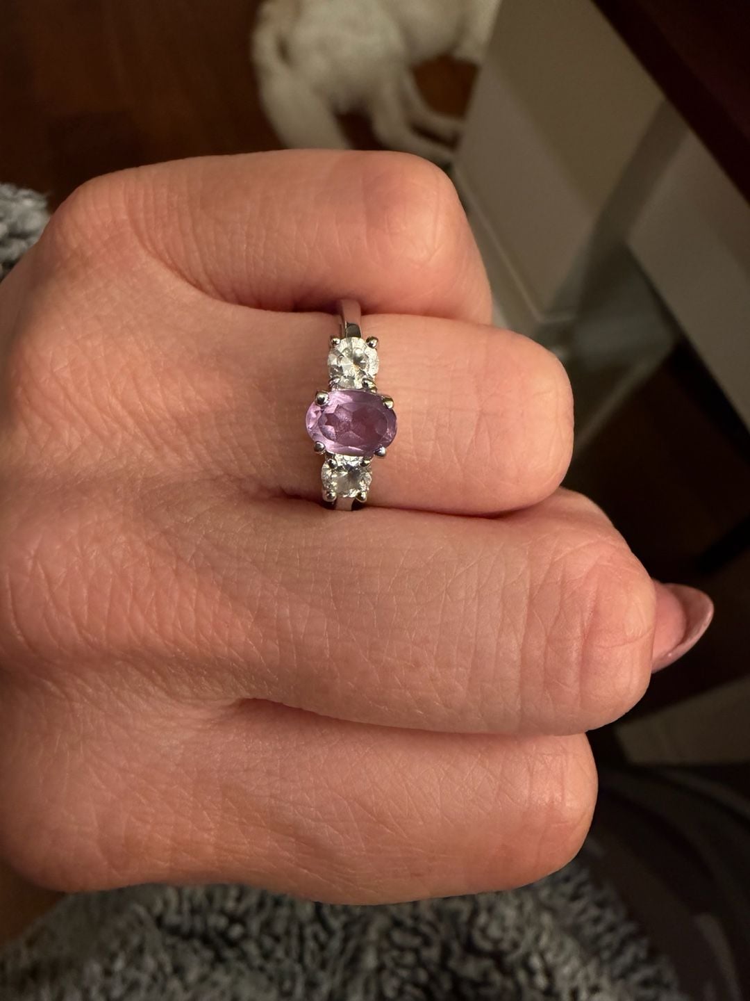 Sterling Silver Pink Amethyst And White CZ Three Stone Ring 5