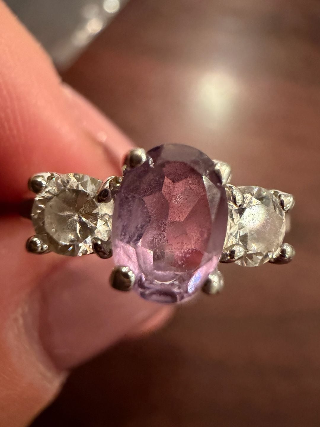 Sterling Silver Pink Amethyst And White CZ Three Stone Ring 2