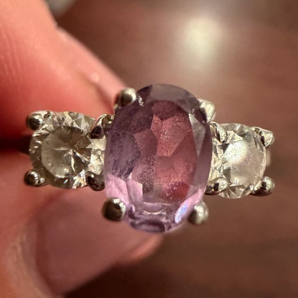 Sterling Silver Pink Amethyst And White CZ Three Stone Ring